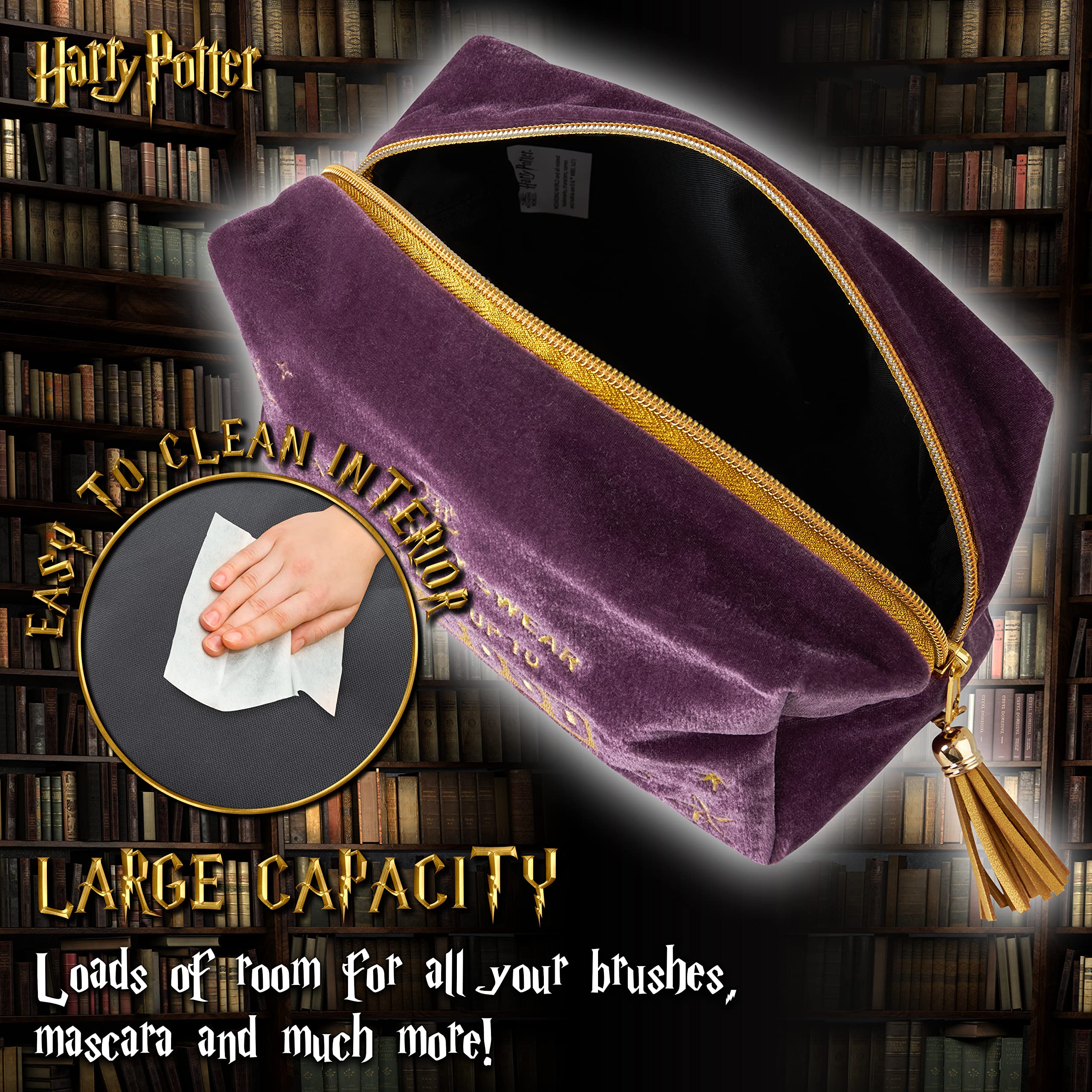 Harry Potter velvet makeup bag on suitcase ready for travel organization