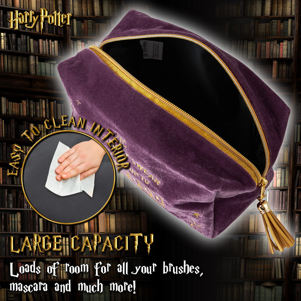 Harry Potter velvet makeup bag on suitcase ready for travel organization