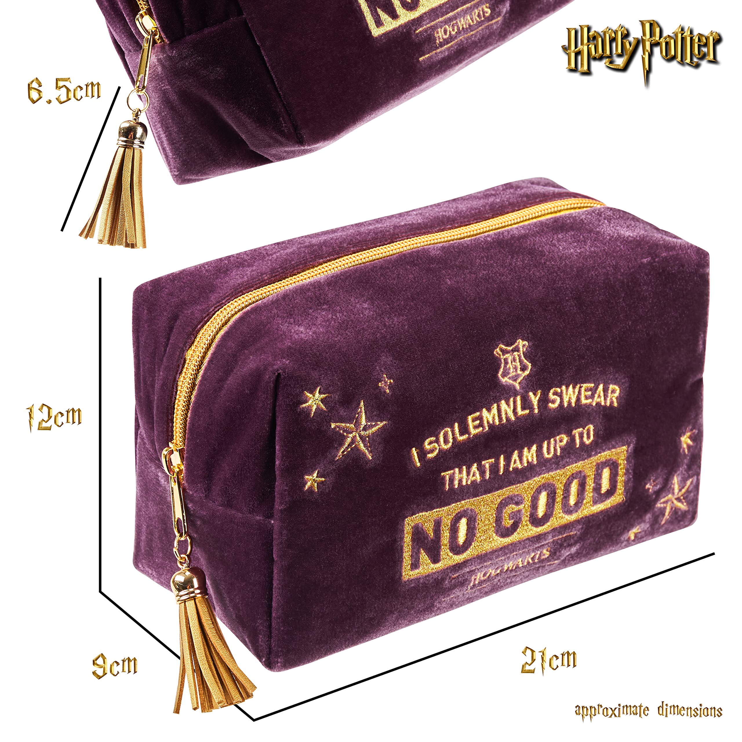 Harry Potter velvet makeup bag open view reveals organized interior for cosmetics and toiletries