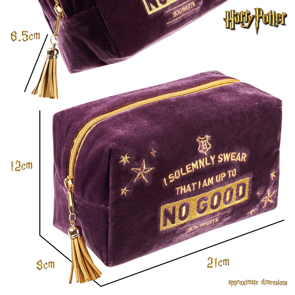 Harry Potter velvet makeup bag open view reveals organized interior for cosmetics and toiletries
