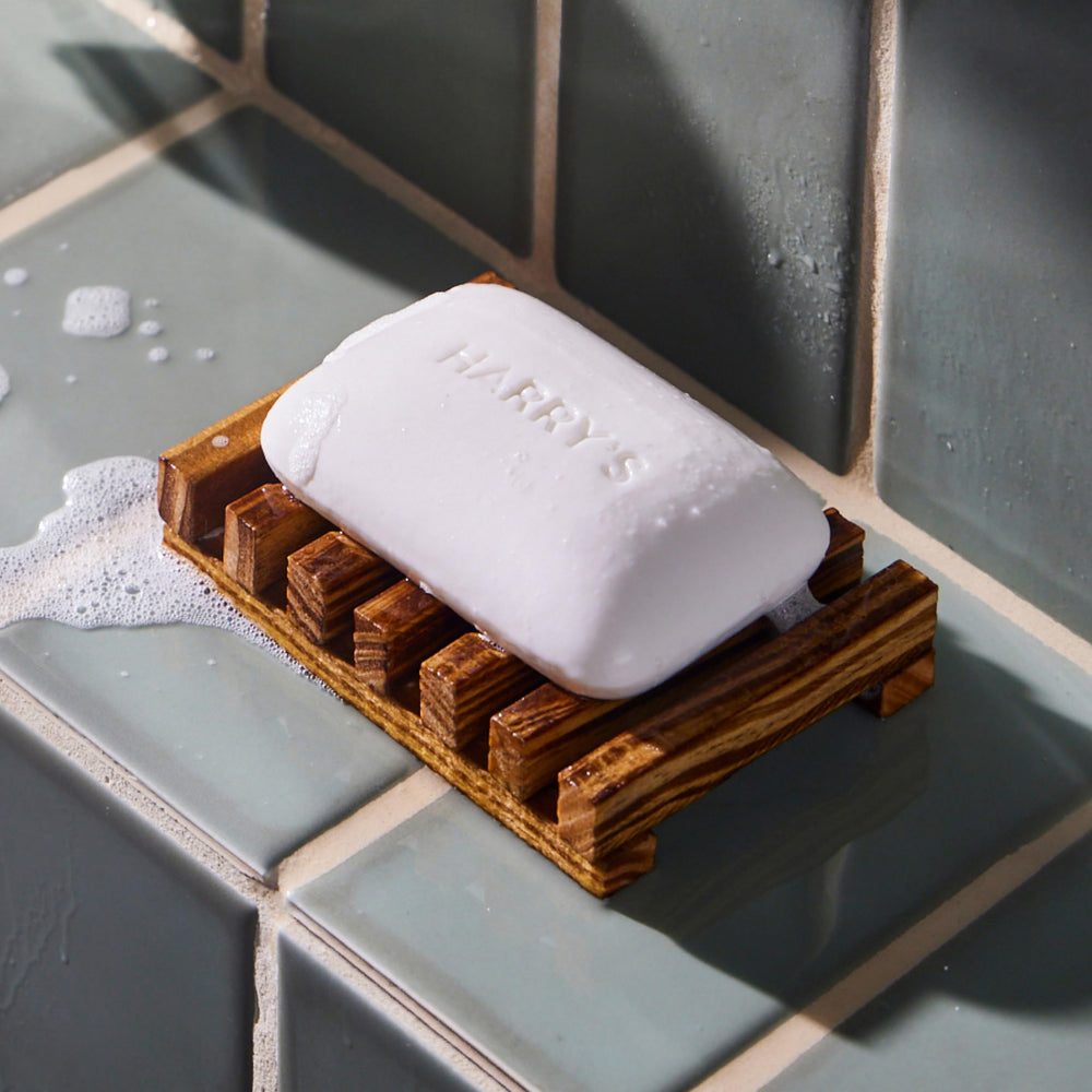 Harry's Stone lather close-up shows rich, creamy suds for gentle cleansing.
