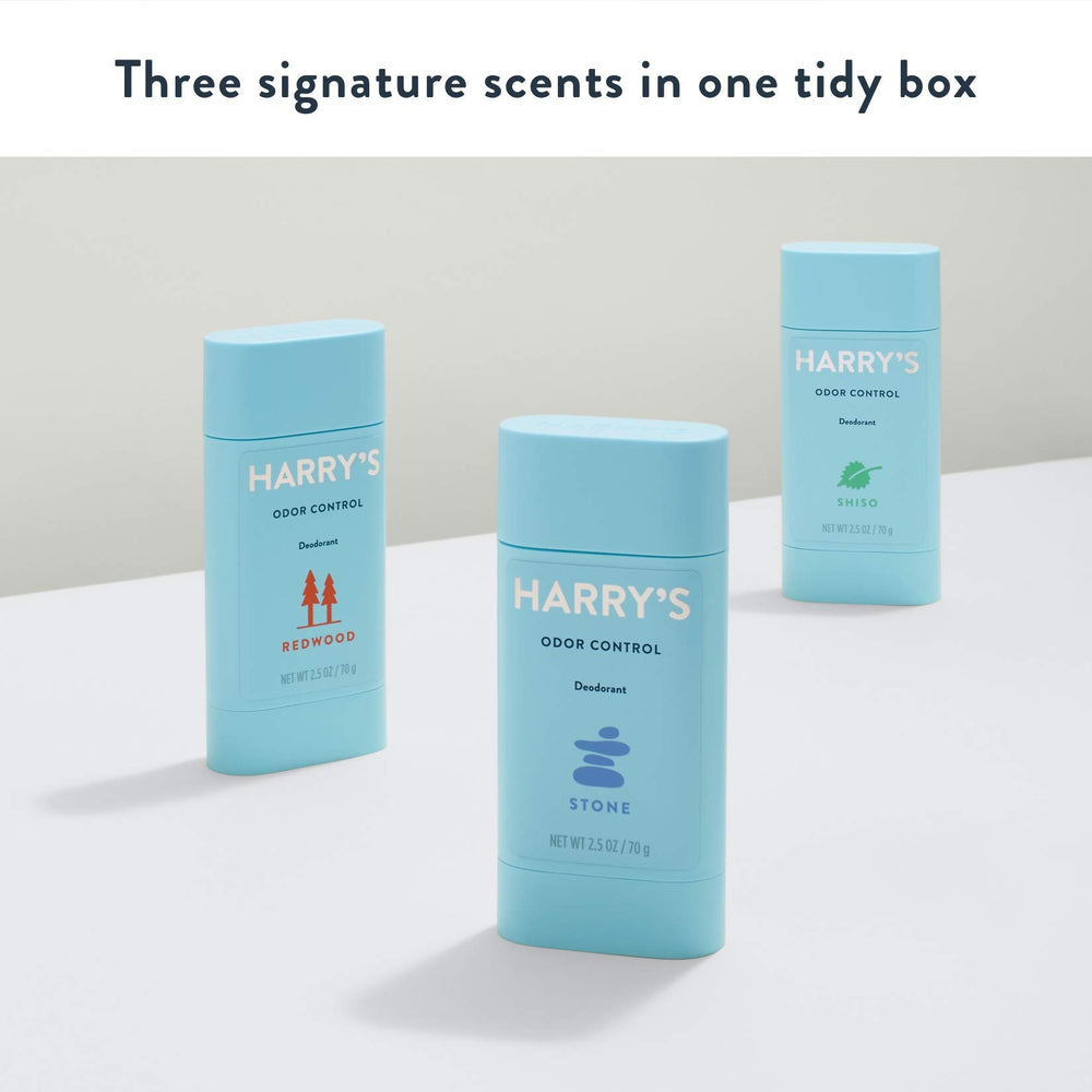 Harry's signature scents include Redwood, Shiso, and Stone in this pack.