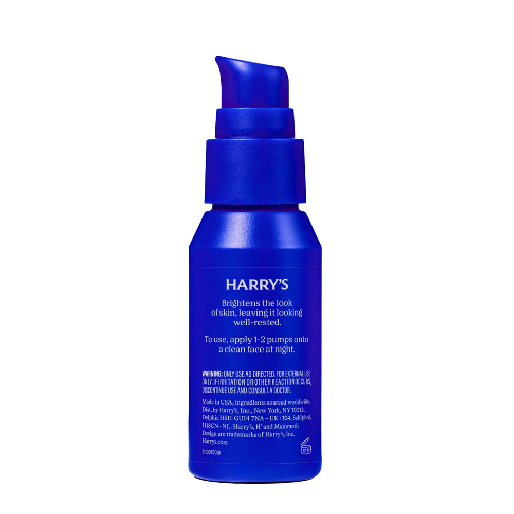 Harry's Hydrating Night Lotion label closeup emphasizes lightweight, non-greasy finish