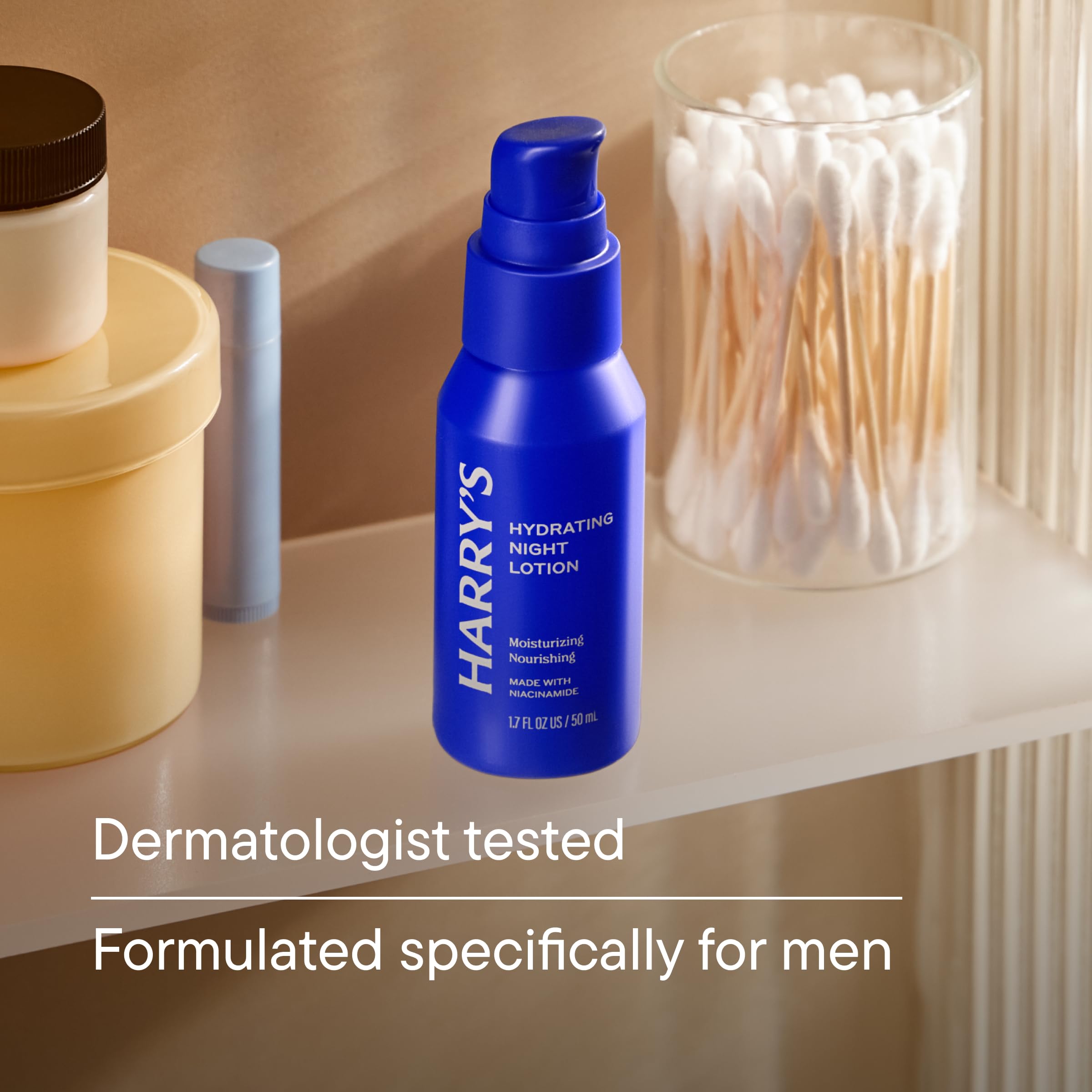 Harry's Hydrating Night Lotion on a nightstand ready for evening routine