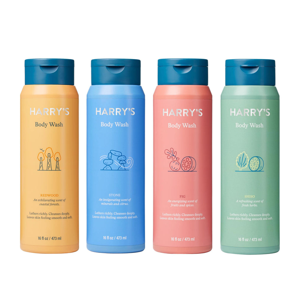 Harry's Men's Body Wash Redwood bottle delivers a rich, skin-friendly cleanse for mornings.