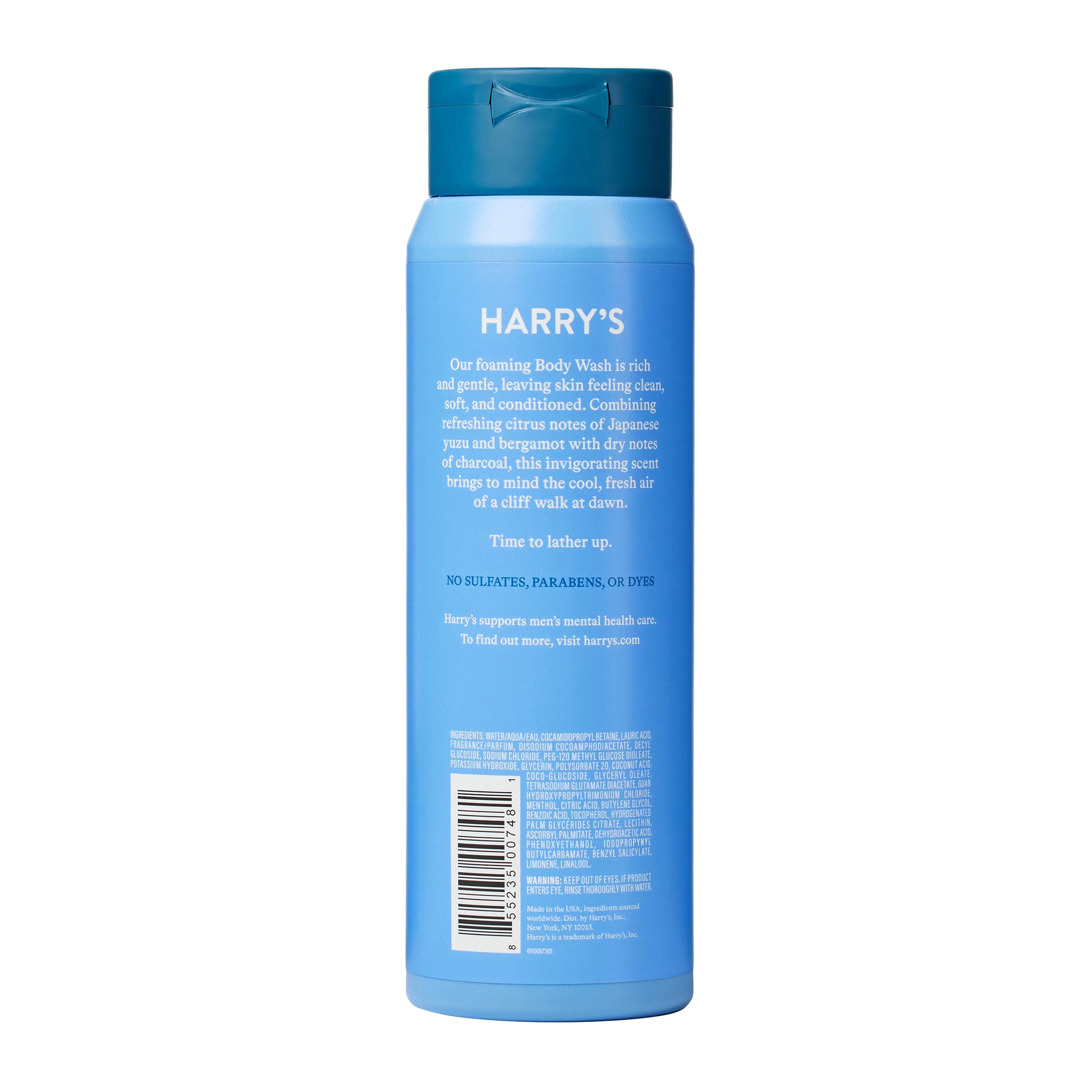 Harry's Men's Body Wash Stone lather shows creamy bubbles that cleanse without stripping oils.