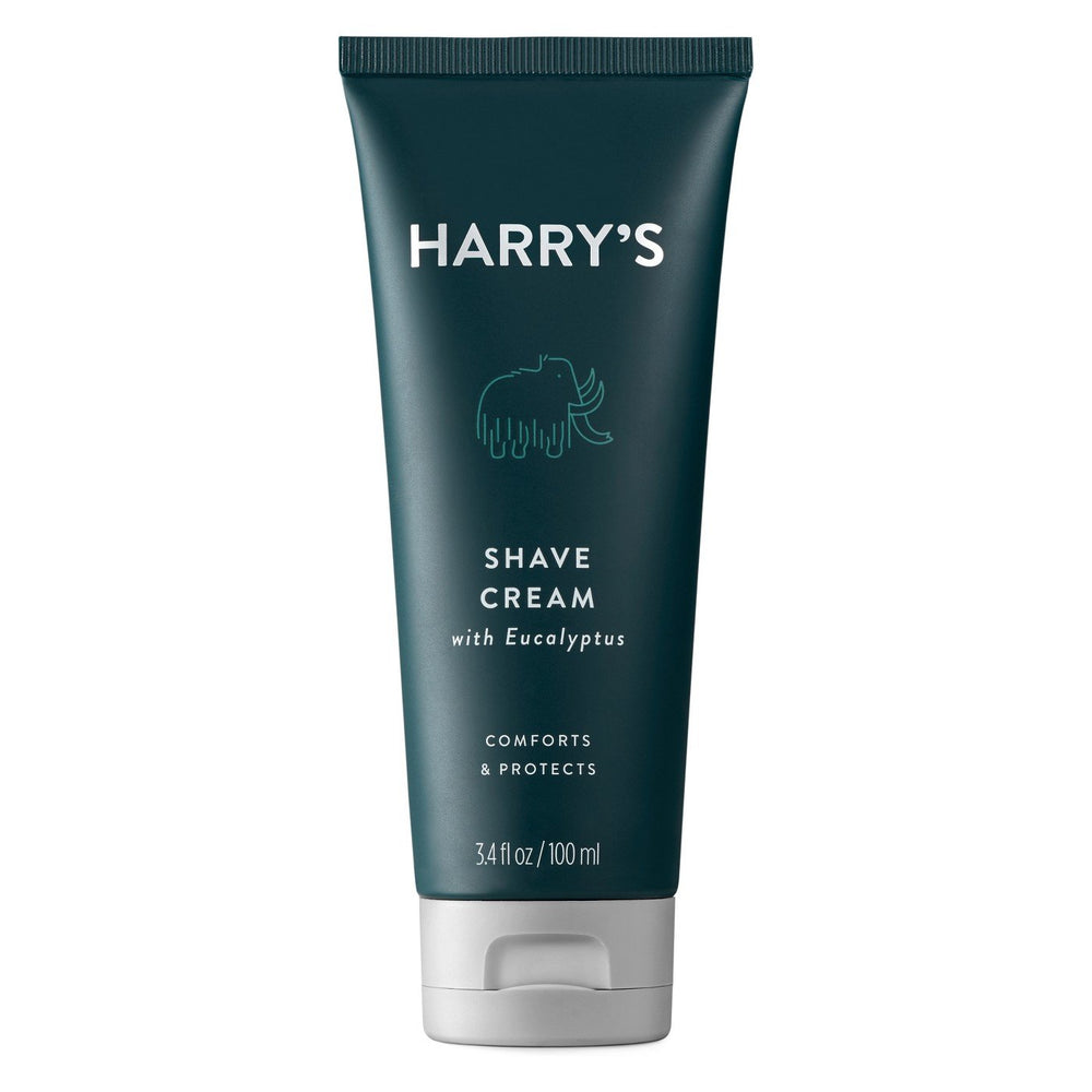 Harry's Shave Cream bottle close-up highlights velvety texture for a smooth shave