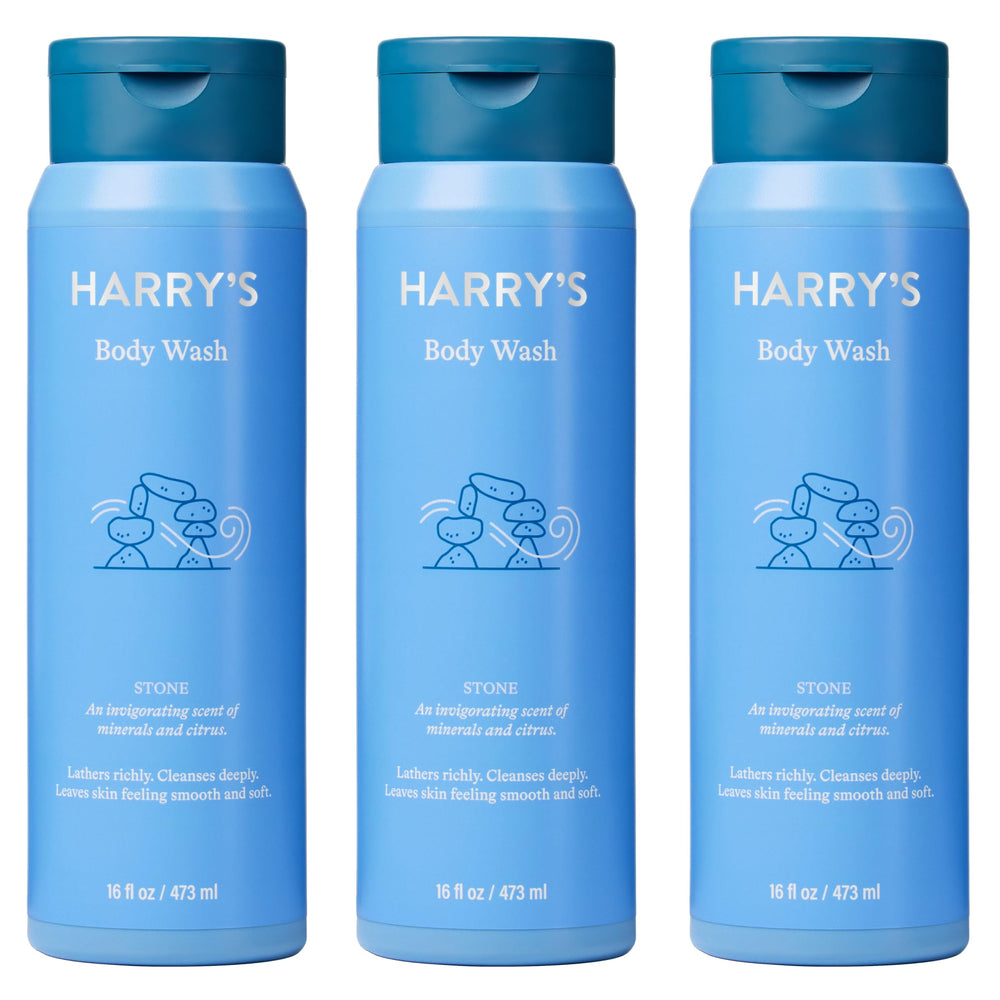 Harry's Stone body wash bottle front with a refreshing morning scent.