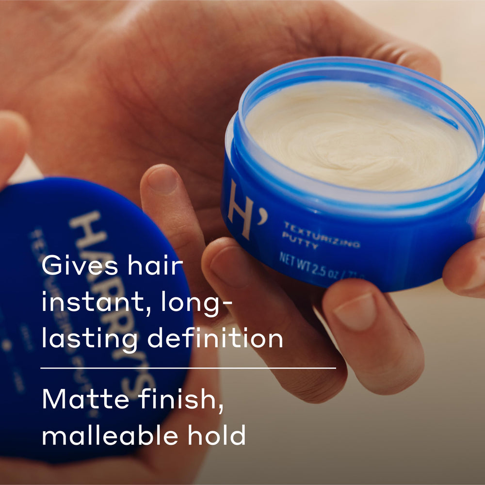 Harry's Texturizing Putty matte finish on hair delivers natural texture.