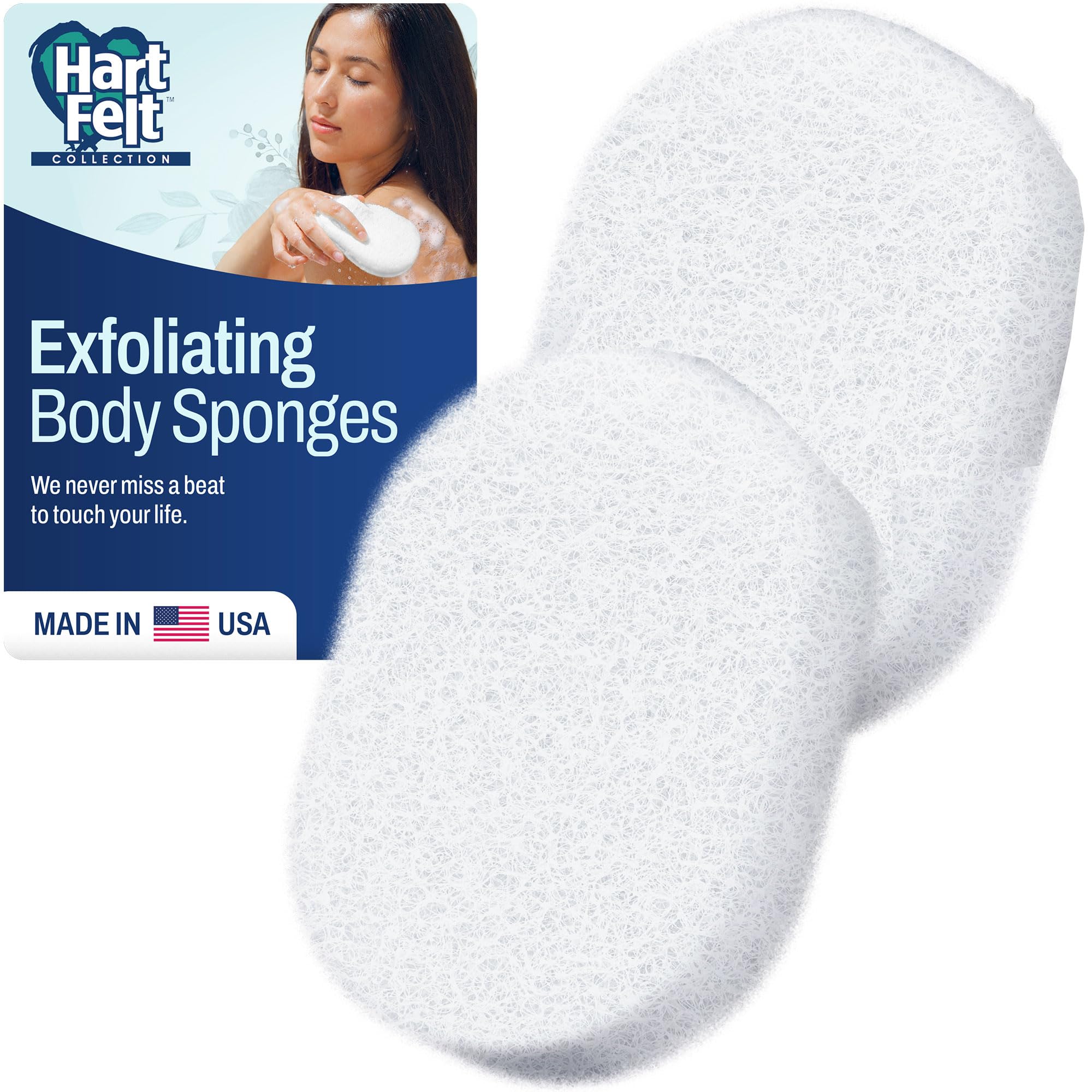 HartFelt bath sponge close-up shows soft exfoliation for smoother skin.