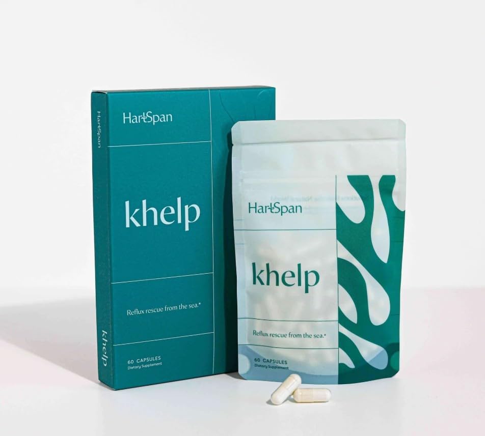 HartSpan Khelp bottle closed showing premium alginate formula for daily reflux support