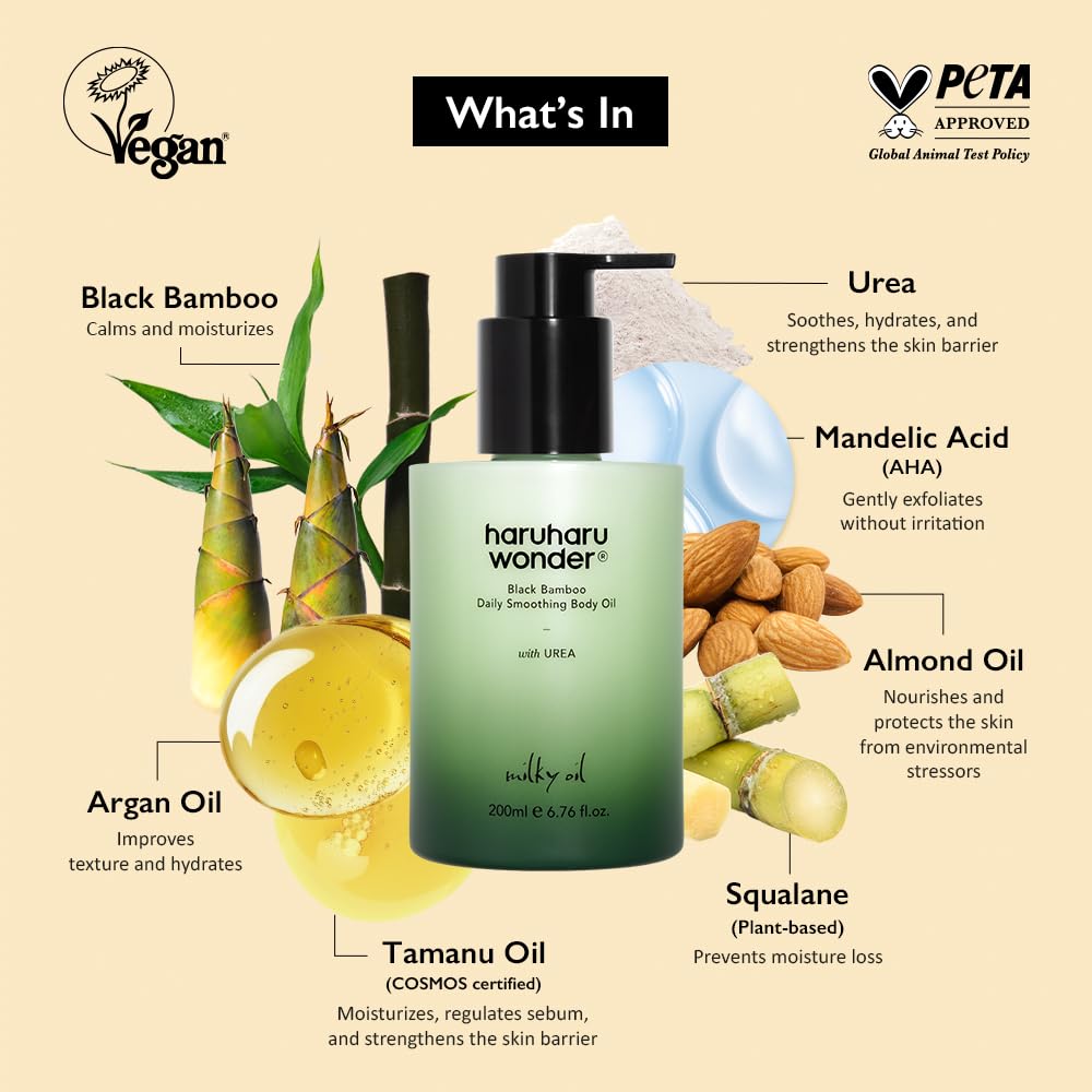HARUHARU Wonder Black Bamboo Body Oil fragrance blend—calming notes for a relaxing routine.