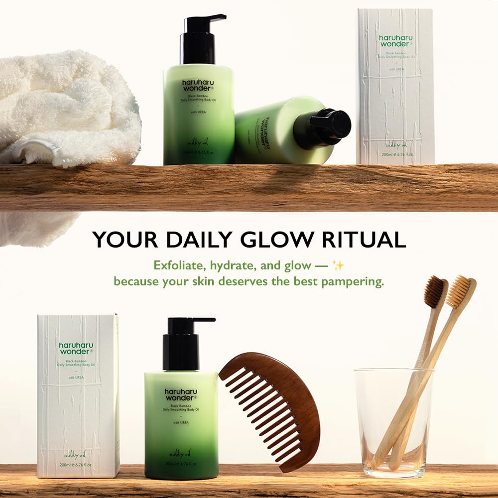 HARUHARU Wonder Black Bamboo Body Oil ingredients—almond and argan nourish dry areas.