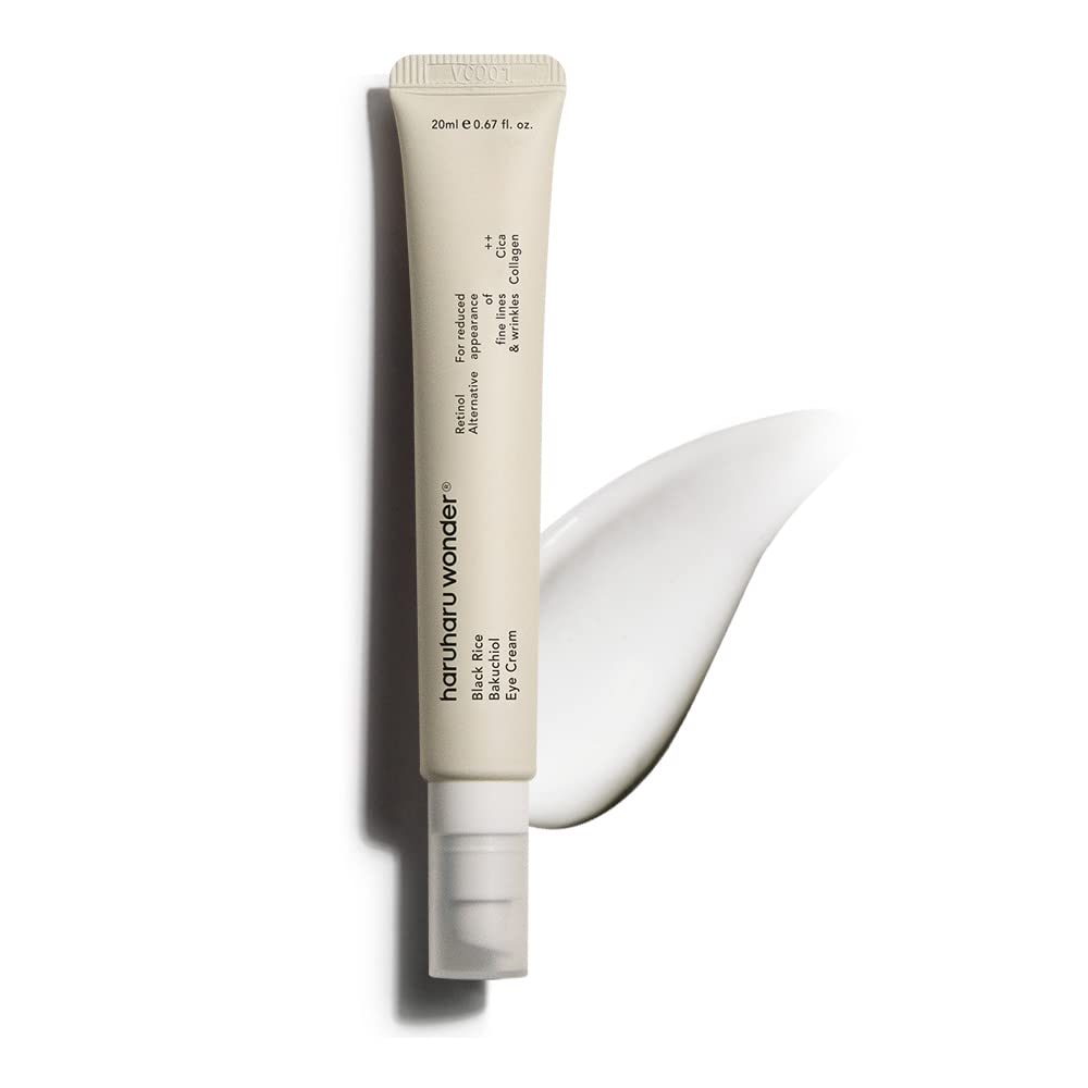 Haruharu Wonder Bakuchiol Eye Cream tube closeup showing creamy texture for gentle anti-aging care.