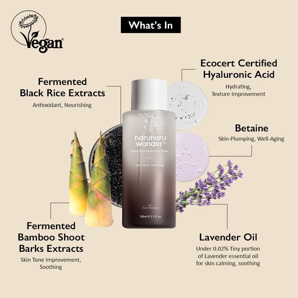 HARUHARU Wonder Black Rice Toner label close-up highlights key ingredients for hydration.