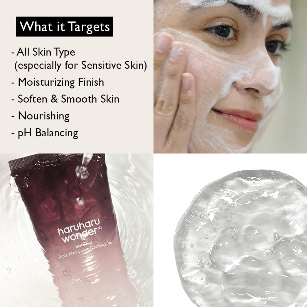 HARUHARU Wonder Black Rice cleansing gel application on hand highlights hydrating feel.