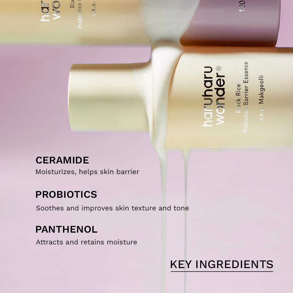 HARUHARU Wonder Black Rice Probiotics Essence pump closeup shows even application.
