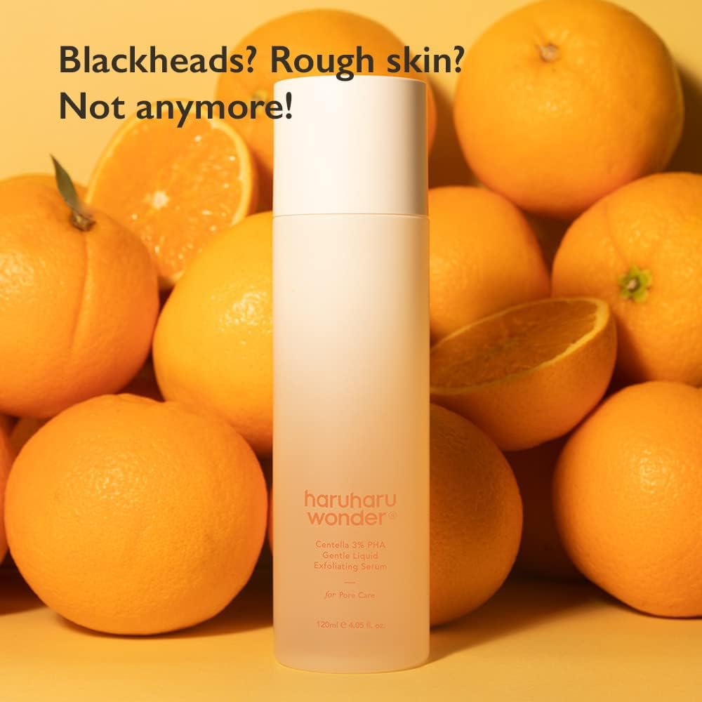 Before-and-after skin texture with HARUHARU serum suggesting smoothing results.