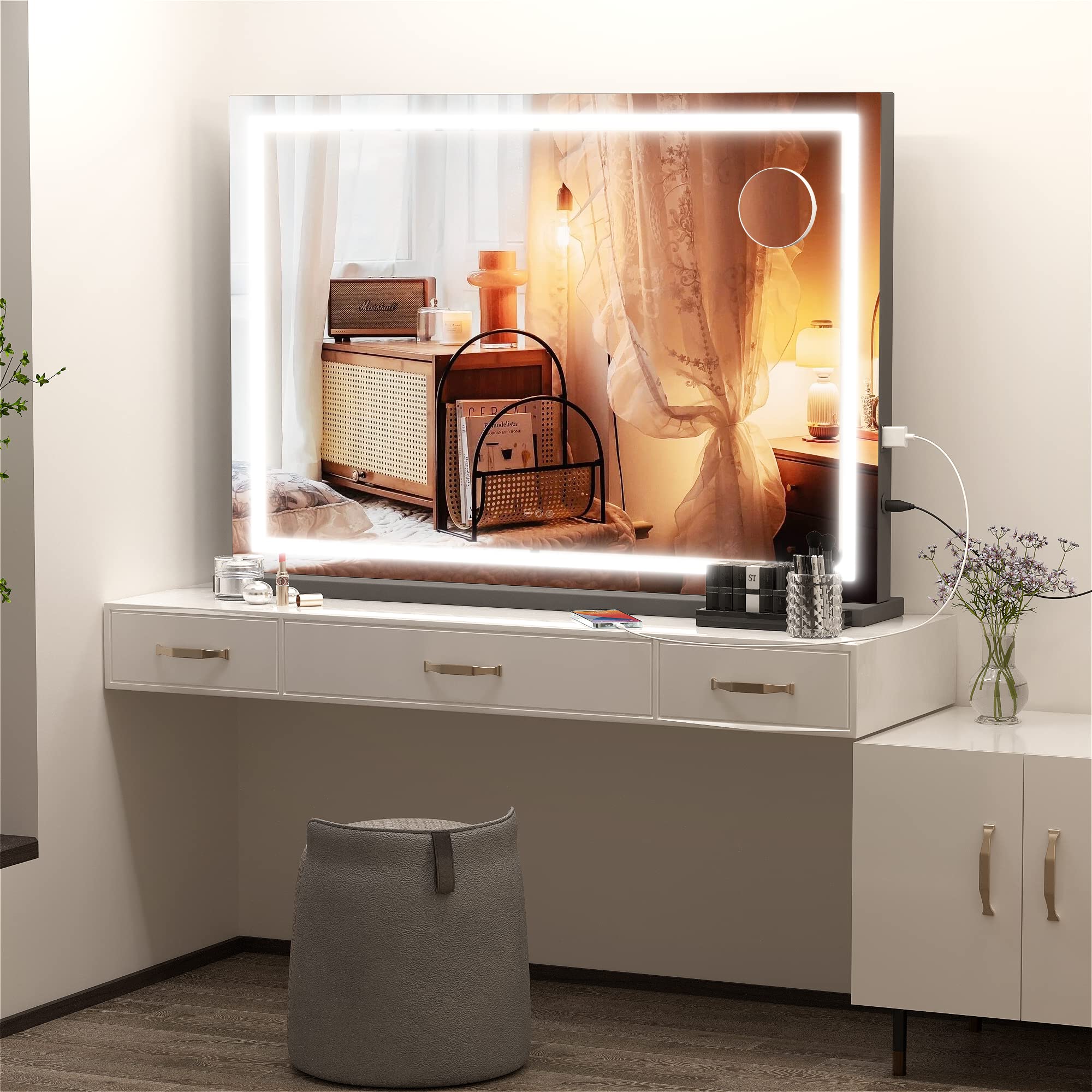 Hasipu square black-frame mirror adds modern style to any desk or vanity.