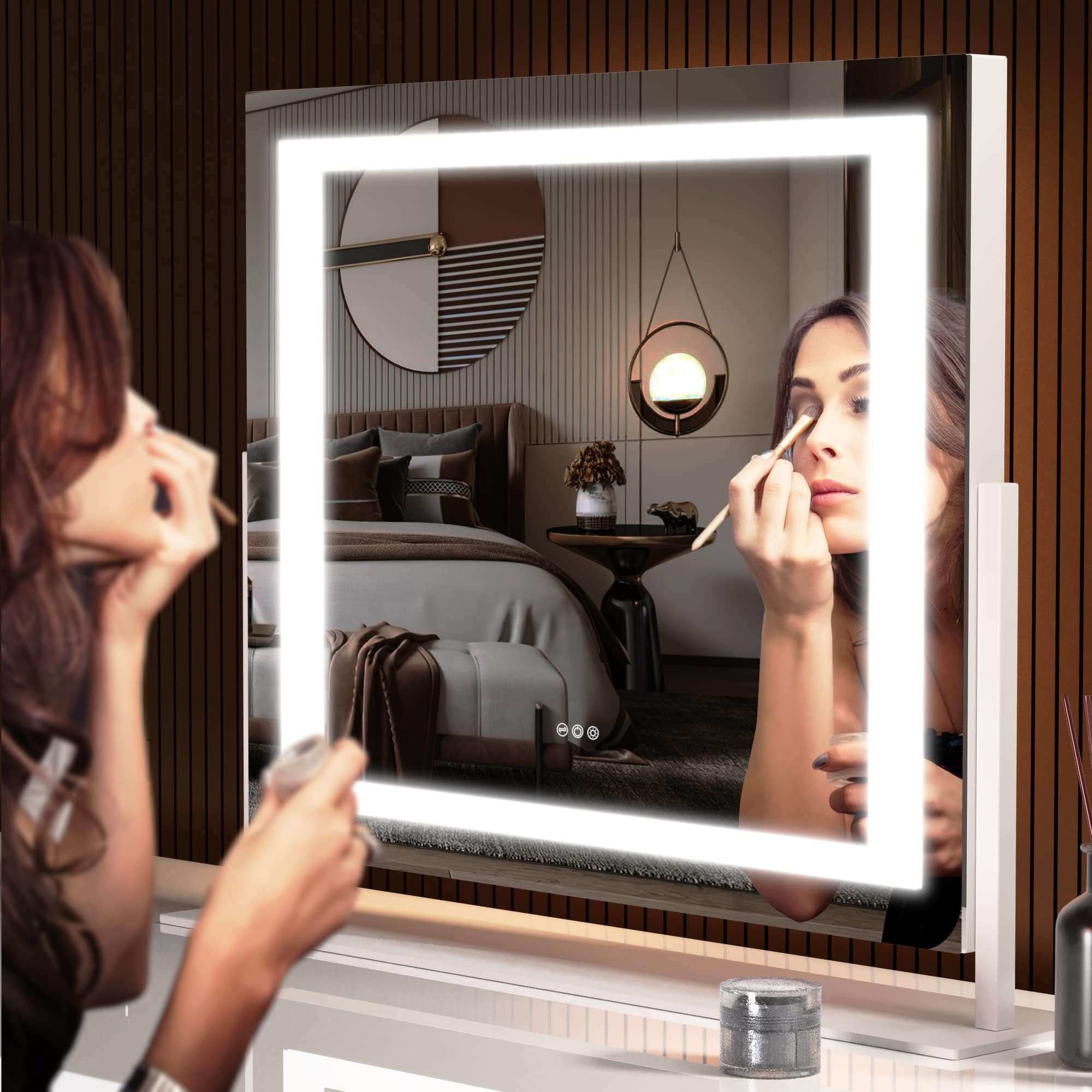 Hasipu vanity mirror detachable phone holder enables hands-free viewing.