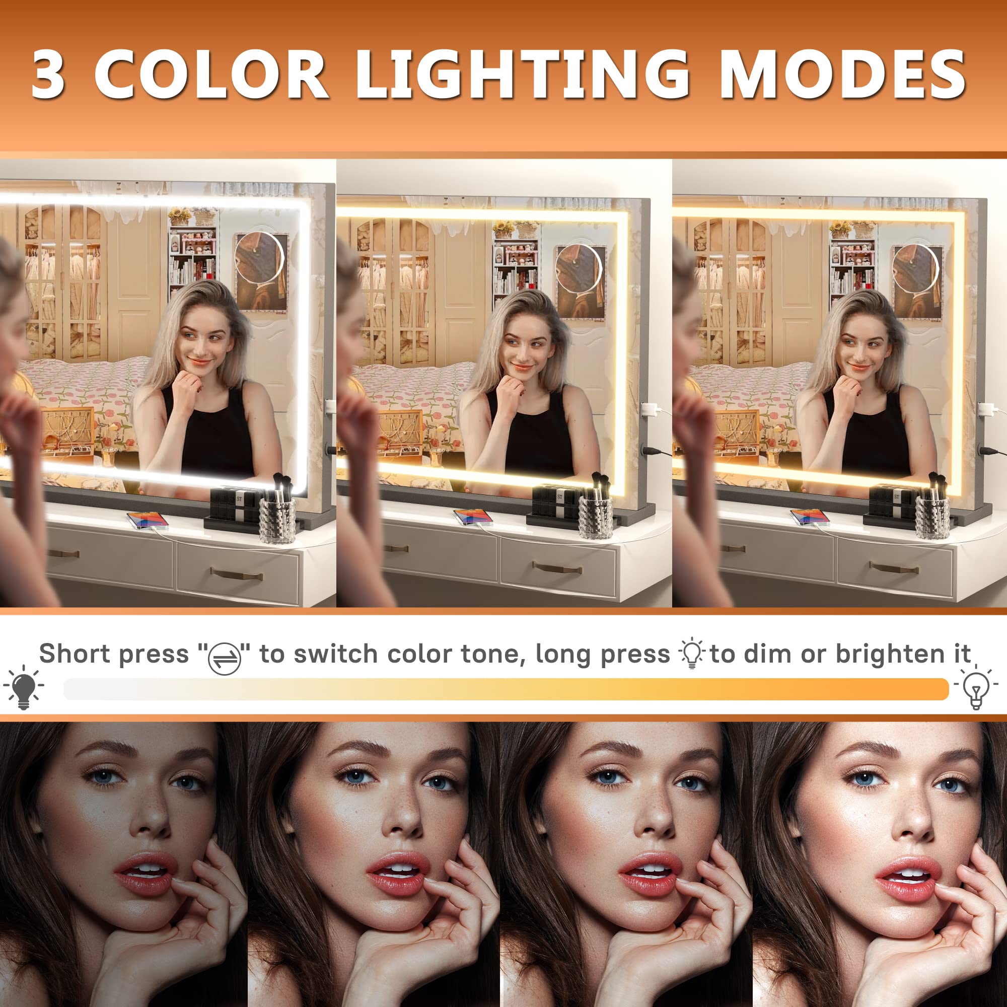 Hasipu vanity mirror lights offering warm, natural, and cold modes.