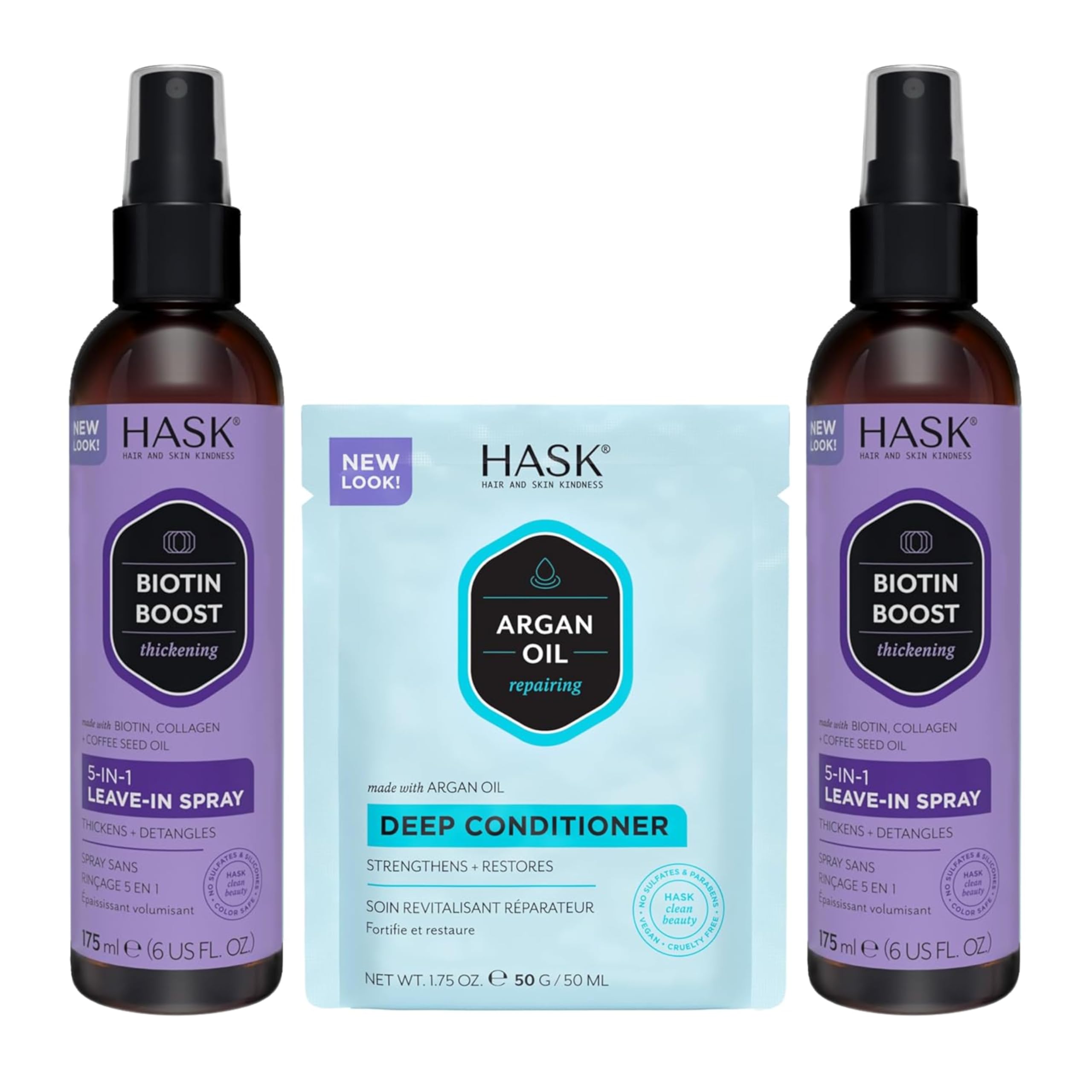 HASK Argan Oil 5-in-1 Leave-In Spray front view detangles and adds shine.