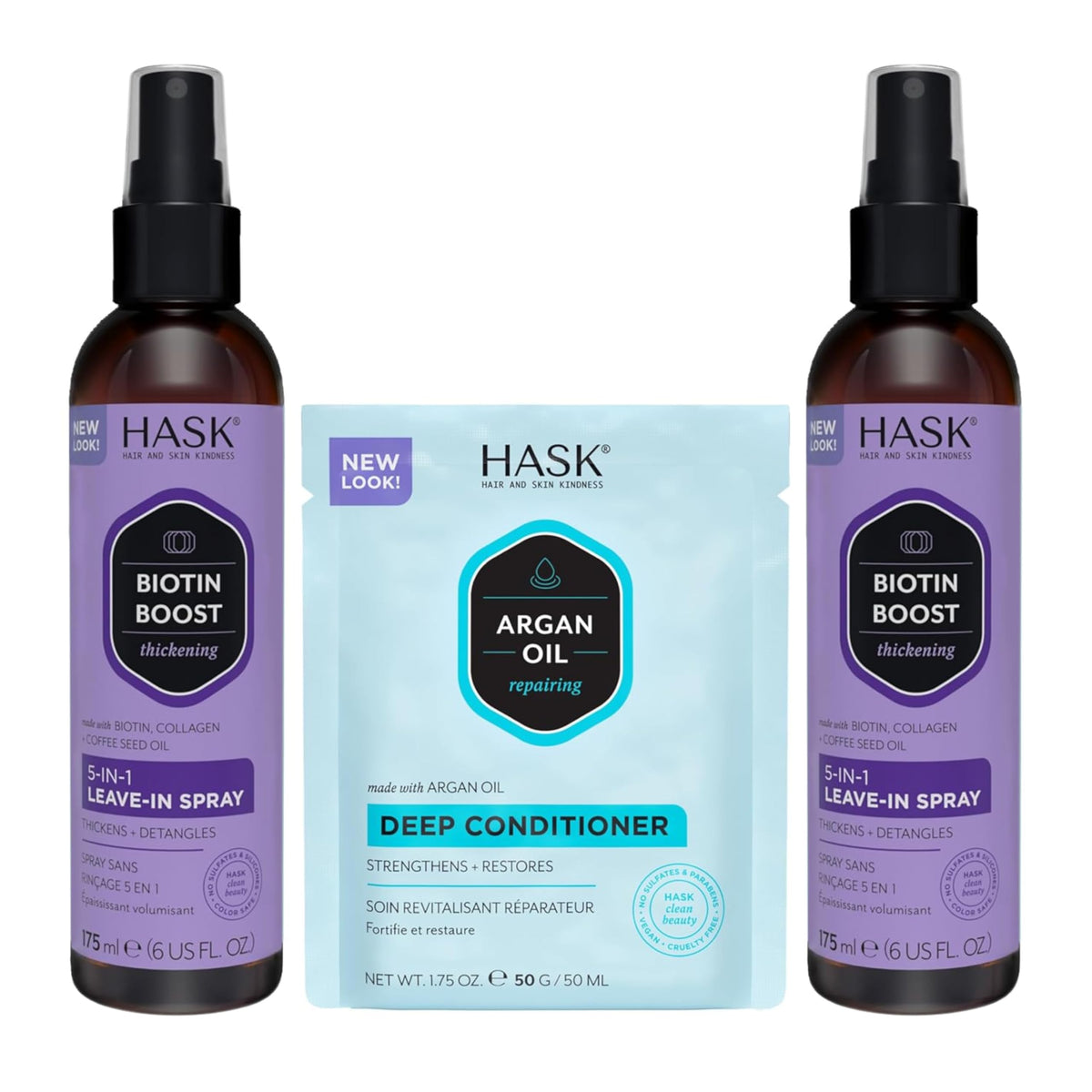 HASK Argan Oil 5-in-1 Leave-In Spray front view detangles and adds shine.