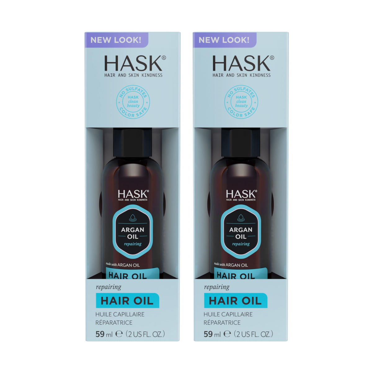 HASK Argan Repairing Hair Oil bottle with pump delivers easy application and shine.