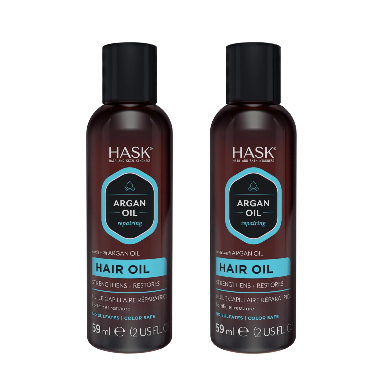 HASK Argan Repairing Hair Oil applied to dry hair adds shine without heaviness.