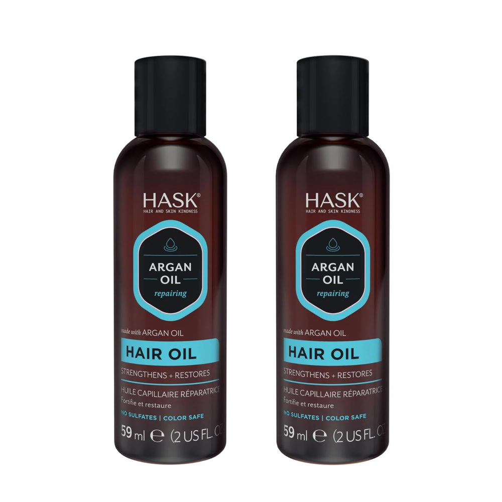 HASK Argan Repairing Hair Oil applied to dry hair adds shine without heaviness.