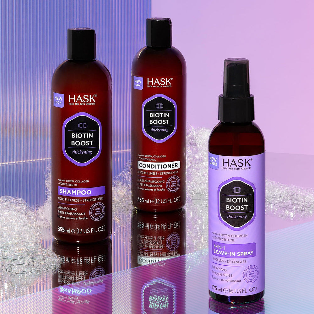 HASK Biotin Boost color-safe label confirms suitability for color-treated hair.