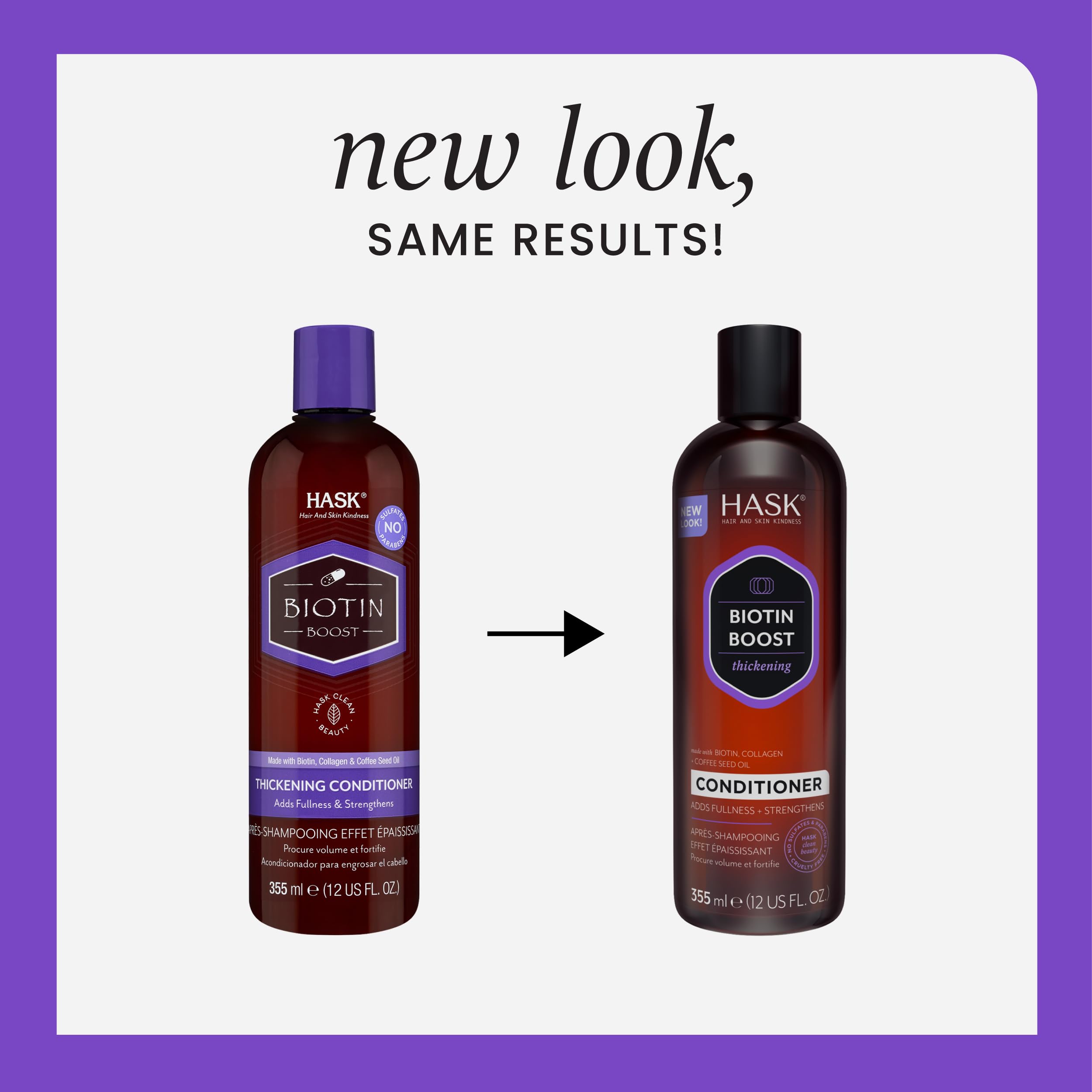 HASK Biotin Boost thickening conditioner bottle highlights strengthening nutrients for fine hair.