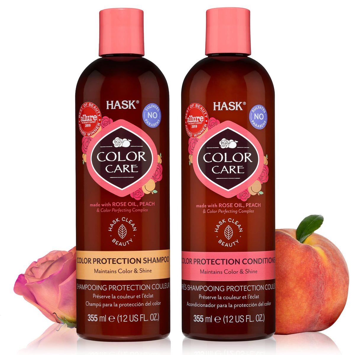 HASK Color Care Shampoo bottle shows sulfate-free protection for color-treated hair.