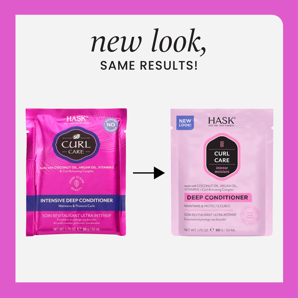 HASK Curl Care Deep Conditioner bottle close-up highlighting luxurious coconut and argan blend