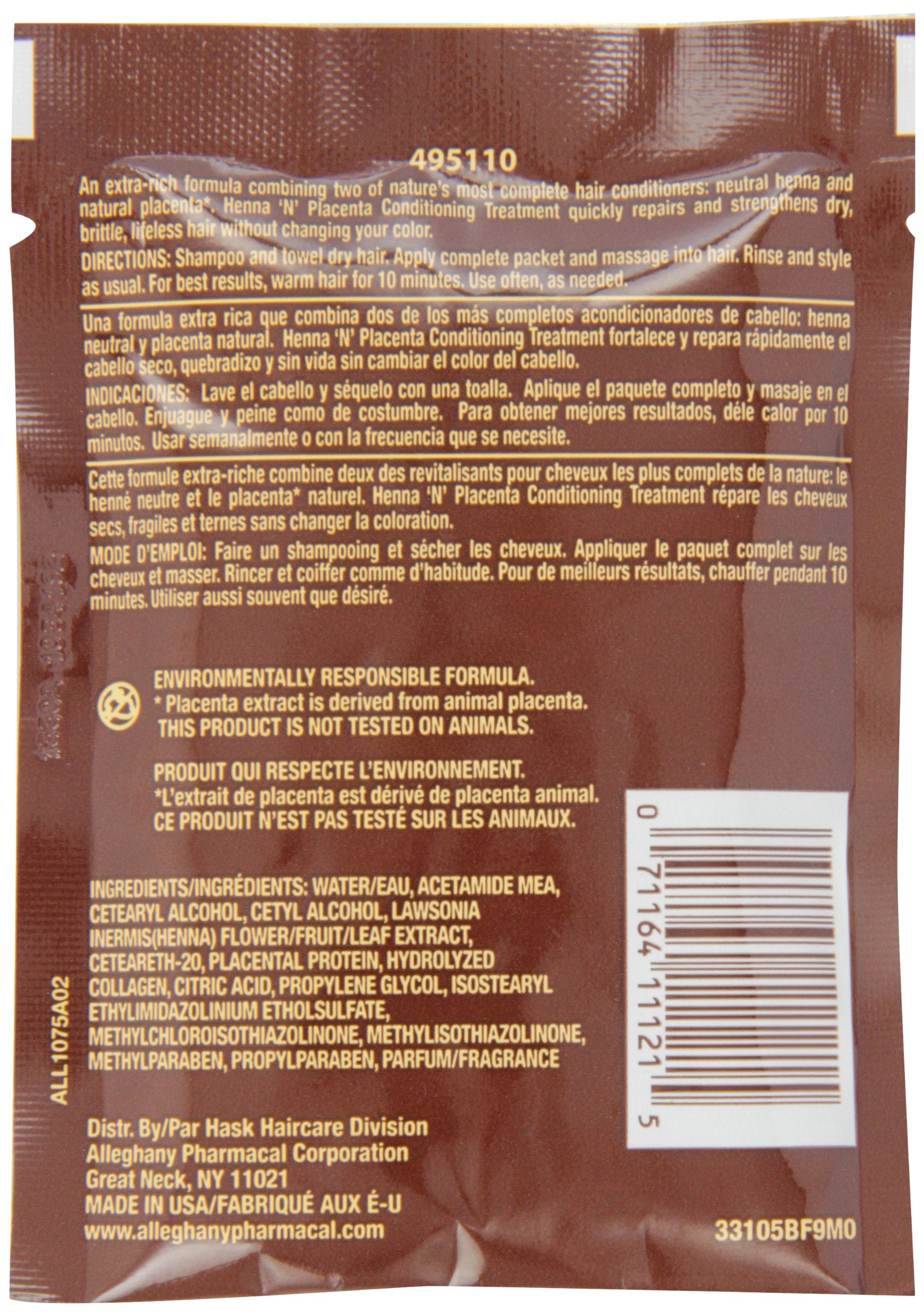 HASK Henna & Placenta 2oz packets closeup shows concentrated conditioning for healthier strands