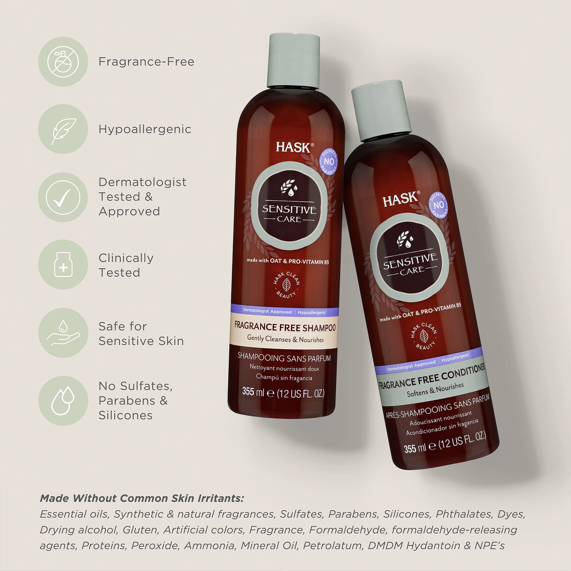 HASK Sensitive Care Conditioner bottle shows fragrance-free conditioning for soothing, frizz-free hair