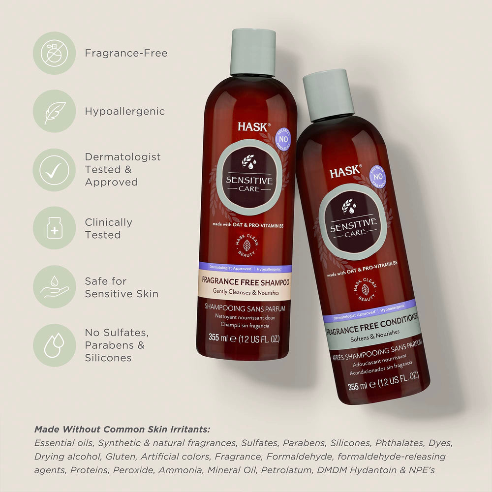 HASK Sensitive Care Conditioner bottle shows fragrance-free conditioning for soothing, frizz-free hair