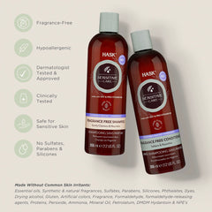 HASK Sensitive Care Conditioner bottle shows fragrance-free conditioning for soothing, frizz-free hair