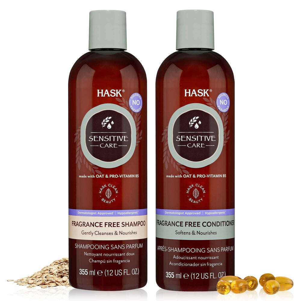 HASK Sensitive Care Shampoo bottle highlights fragrance-free formula for sensitive scalps