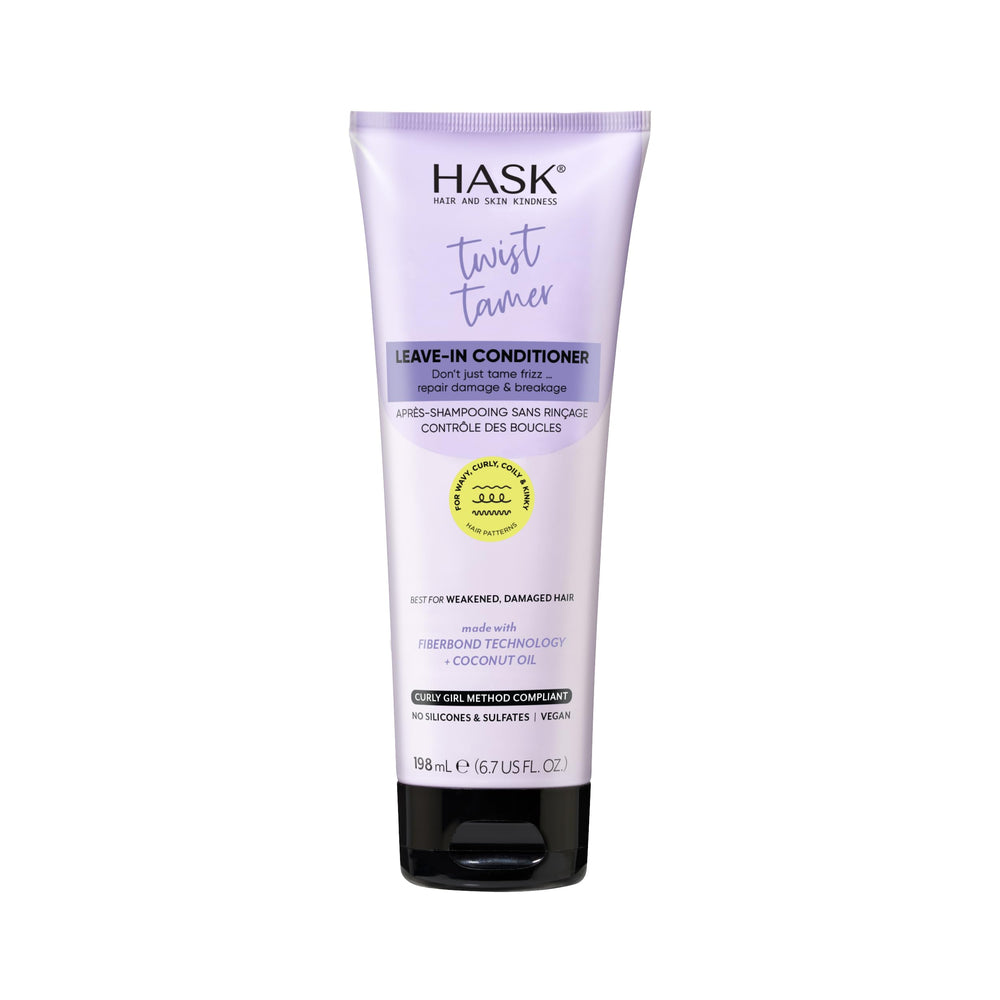 HASK Twist Tamer bottle closeup, vegan leave-in for defined curls
