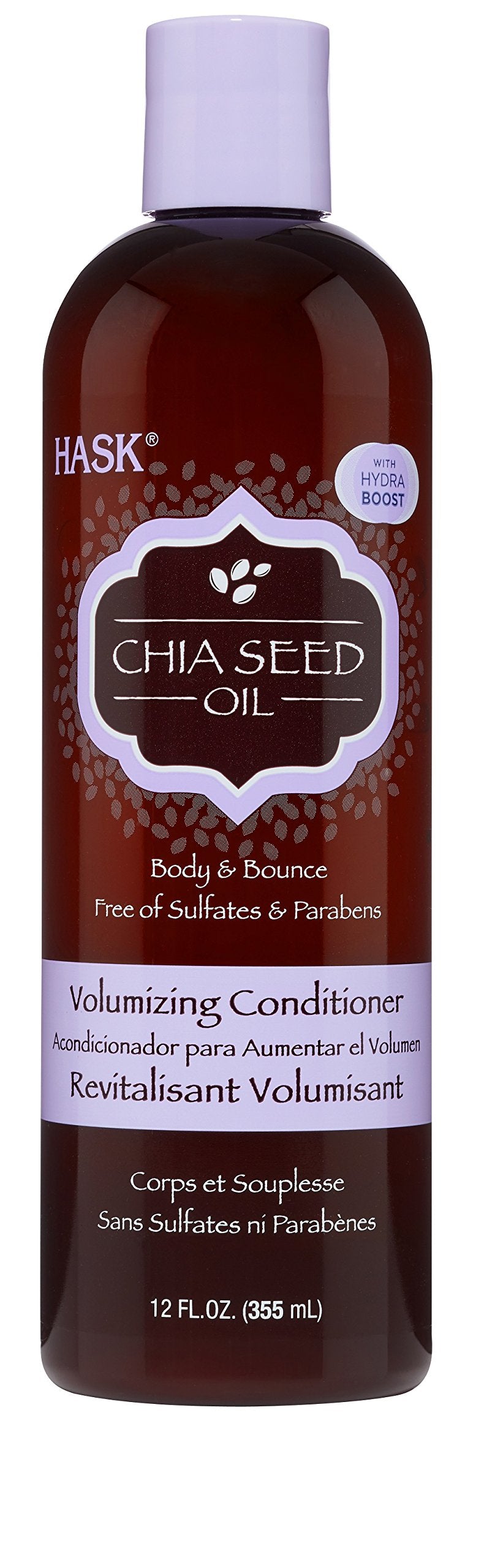HASK volumizing conditioner chia seed bottle close-up for lightweight lift
