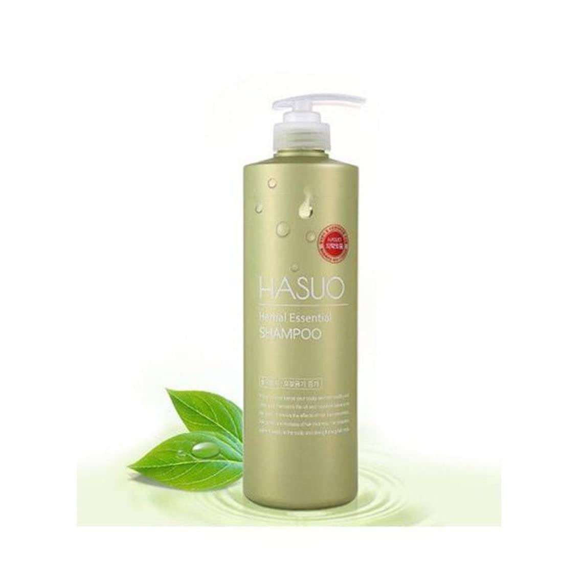 Hasuo Herbal Essential Shampoo bottle on shelf for daily cleansing and scalp refreshment.