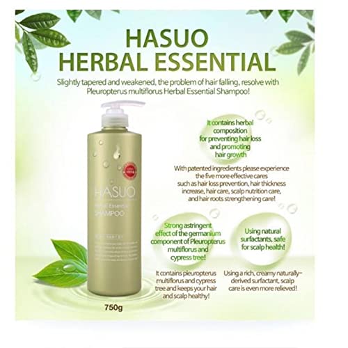 Hasuo Herbal Essential Shampoo herbal ingredients close-up for natural hair care.