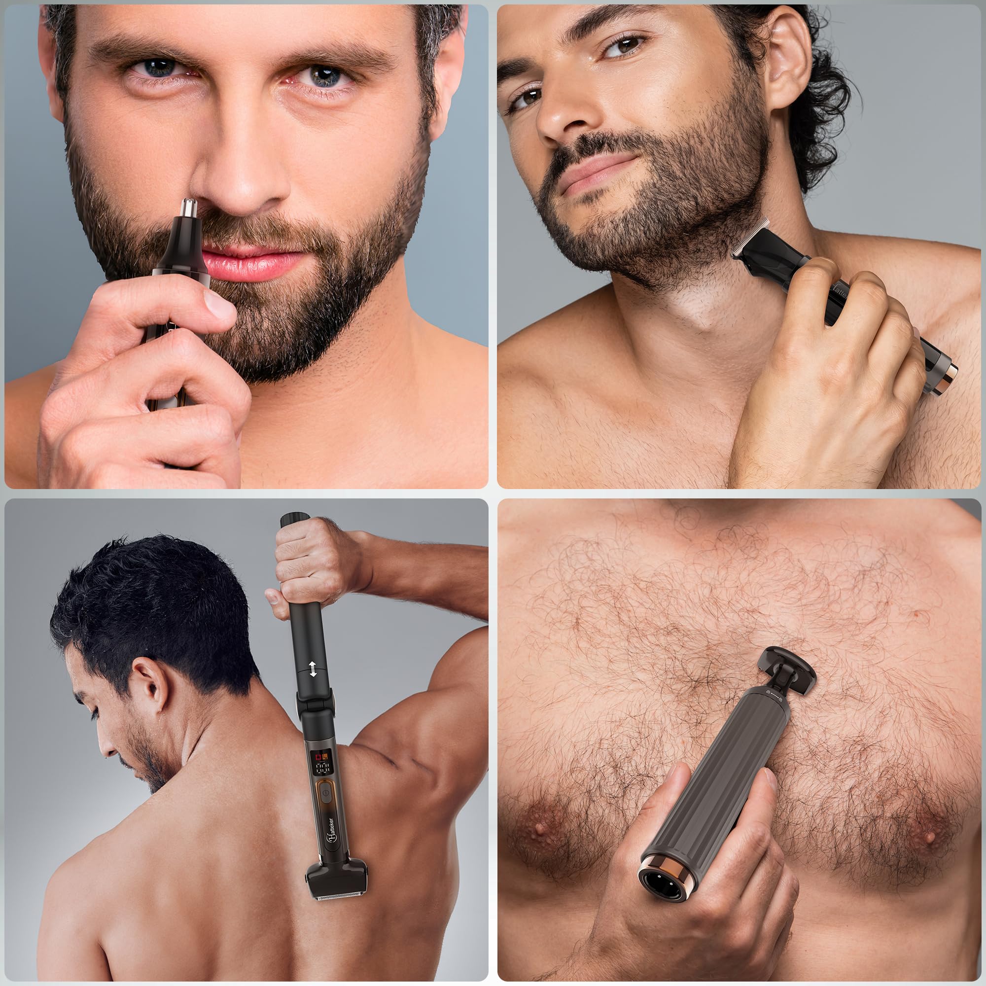 Hatteker cordless ergonomic handle provides steady control during trimming across arms, chest, and back.