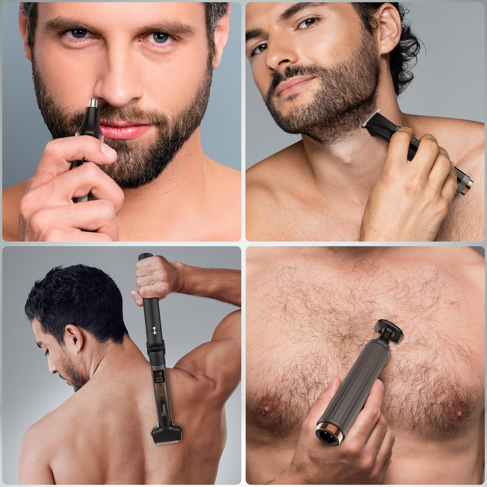 Hatteker cordless ergonomic handle provides steady control during trimming across arms, chest, and back.