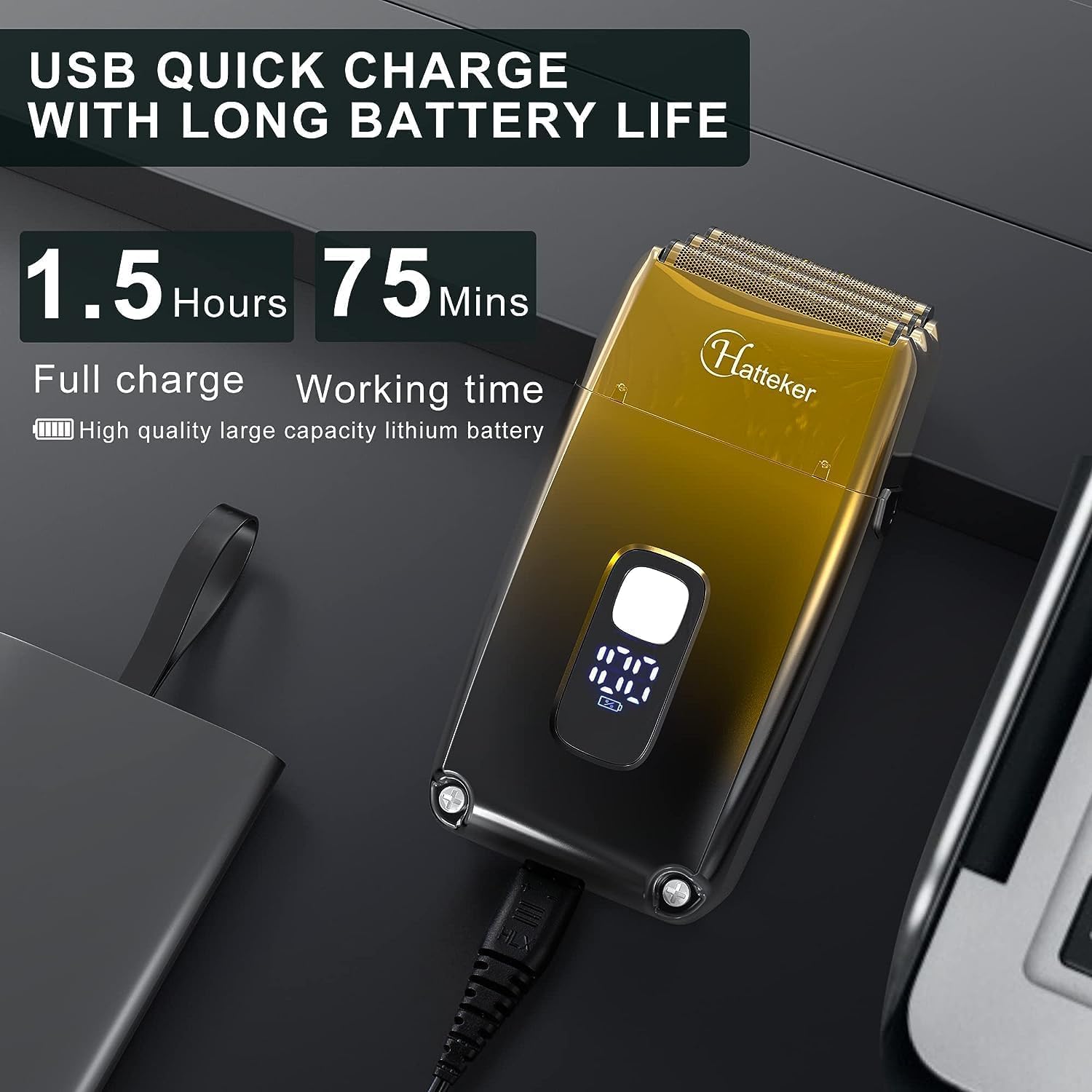 Hatteker long-battery-life image suggests 75-minute cordless use.