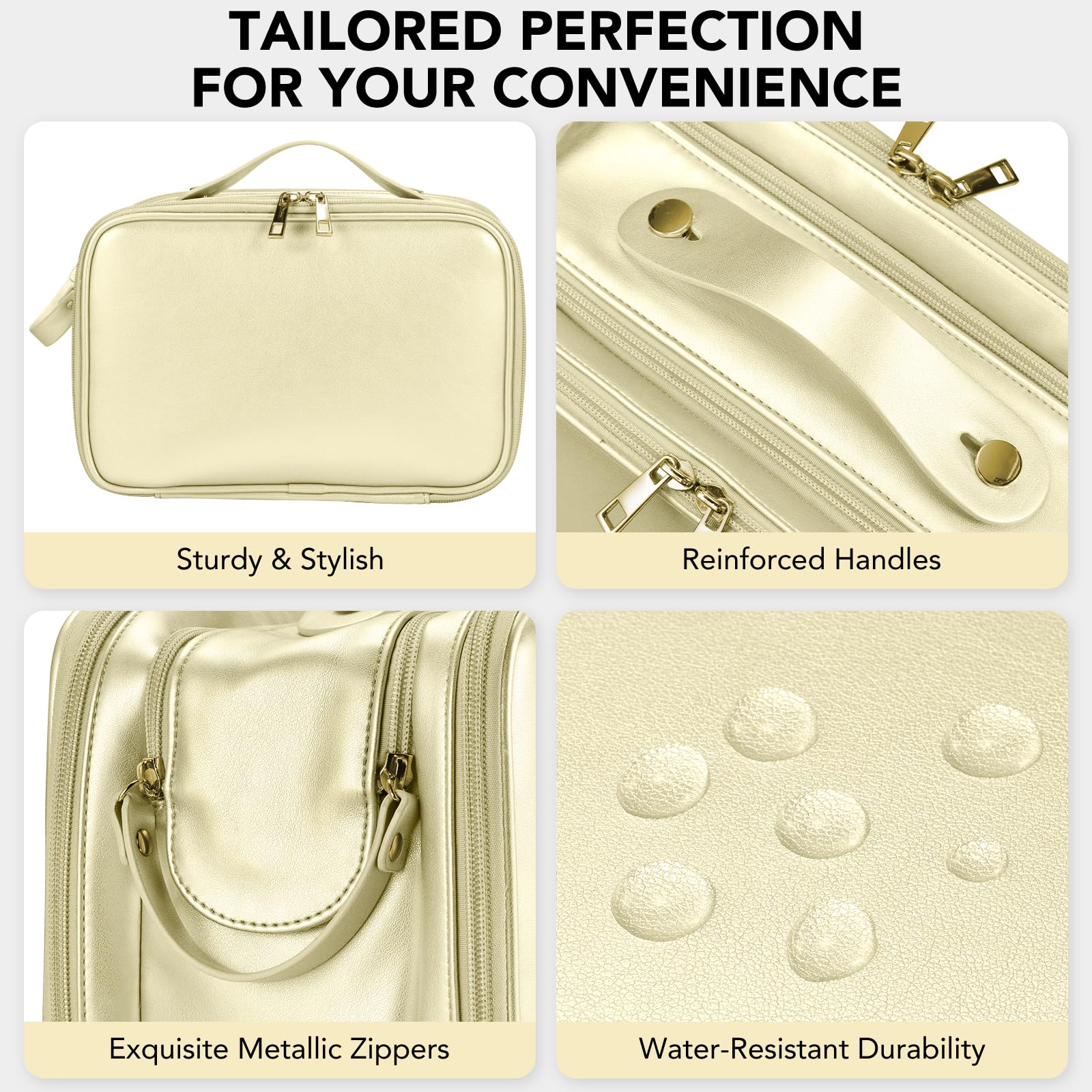 HauteHues gold travel makeup bag adds premium style to your trips.