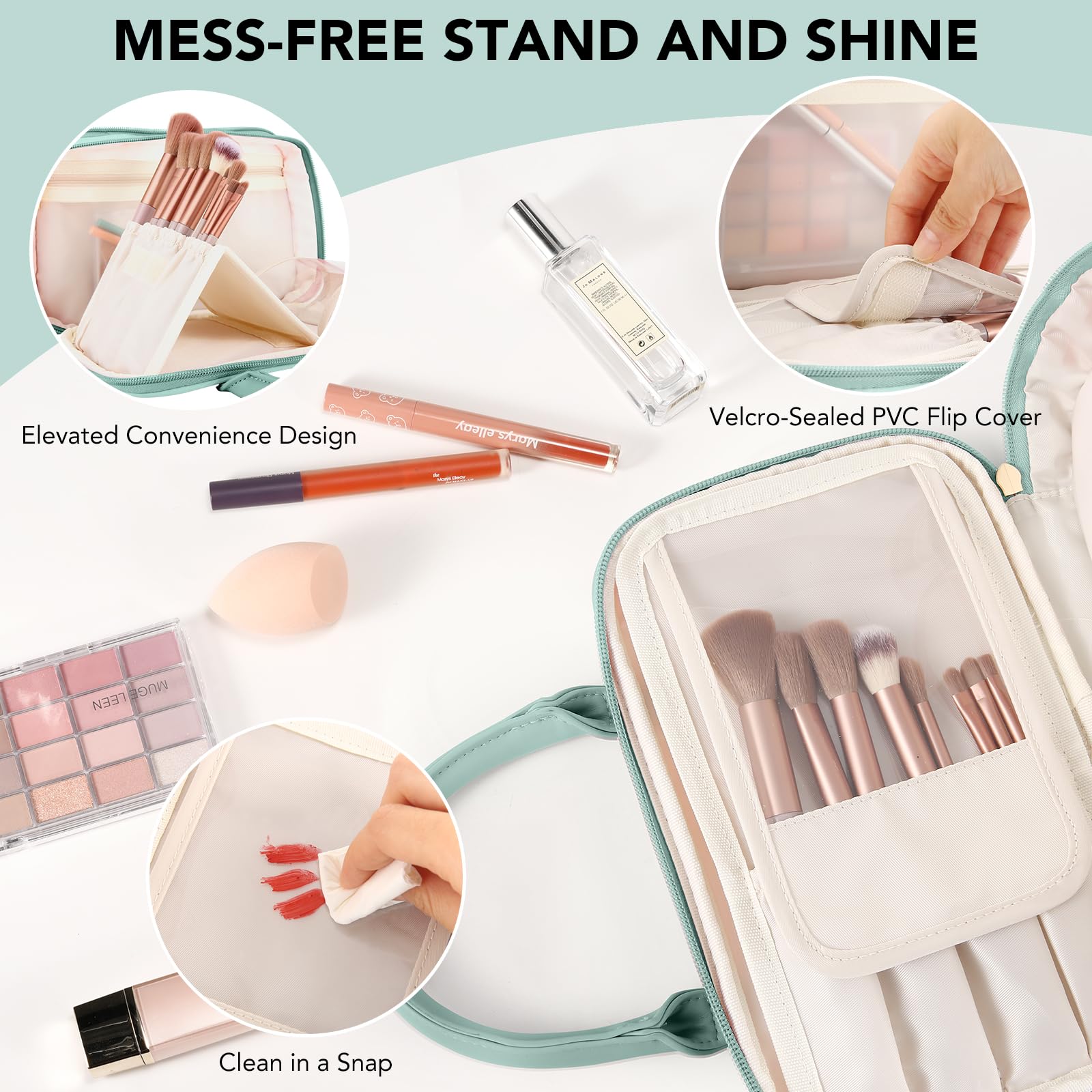 HauteHues blue travel bag highlights the stand-up brush holder for tidy brushes during travel.