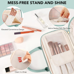 HauteHues blue travel bag highlights the stand-up brush holder for tidy brushes during travel.