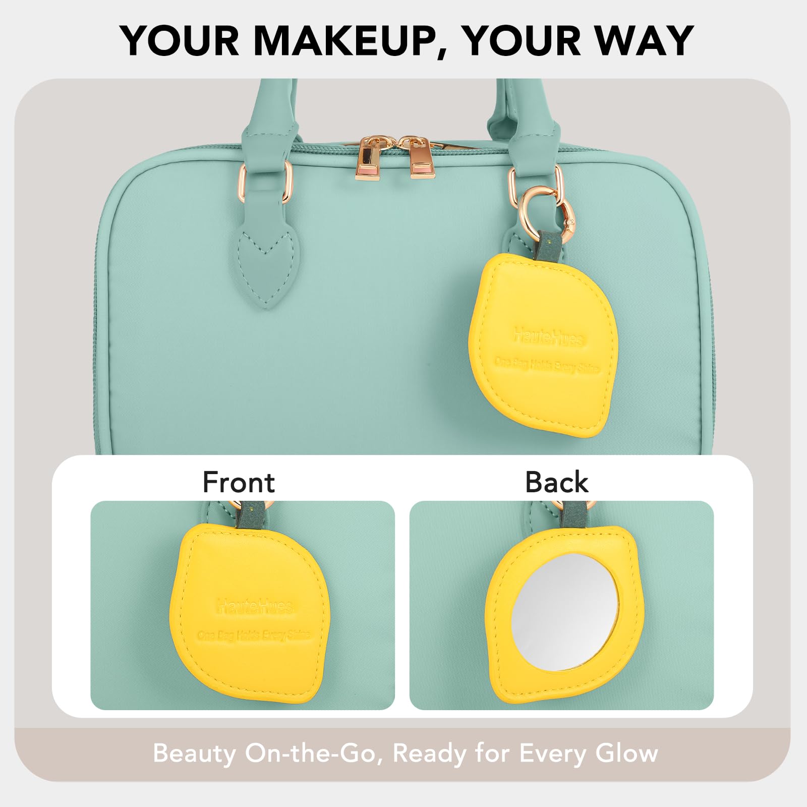 HauteHues blue bag shows stand-up brush holder for quick makeup routine boosts.